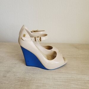 Melissa Cream and Blue Wedge Heels Size 5